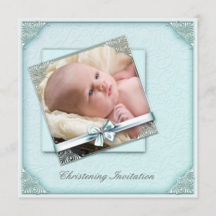 Invitation Turquoise Blue Damask Girl Photo Christening