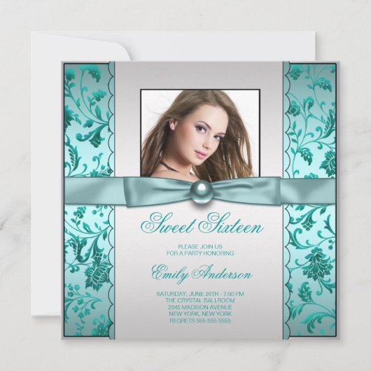 Invitation Turquoise Blue Damask Photo Sweet sixteen Annivers (Devant)