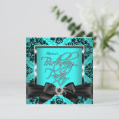 Invitation Turquoise Blue Damask Silver Black Anniversaire Pa (Debout devant)