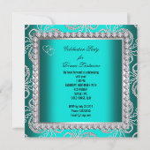 Invitation Turquoise Blue Damask Silver Diamonds Heart Party (Dos)