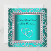 Invitation Turquoise Blue Damask Silver Diamonds Heart Party (Devant)