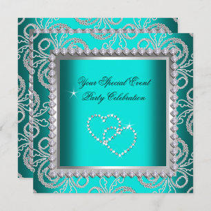 Invitation Turquoise Blue Damask Silver Diamonds Heart Party