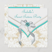 Invitation Turquoise Blue Damask Sweet 16 Party (Devant / Derrière)