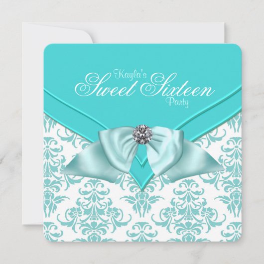 Invitation Turquoise Blue Damask Sweet 16 Party (Devant)