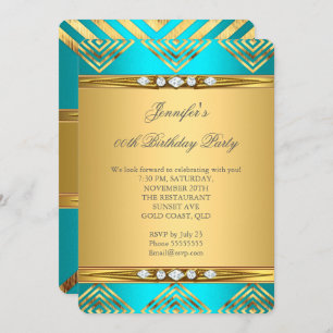 Invitation Turquoise Blue Deco Stripe Gold Diamond Party