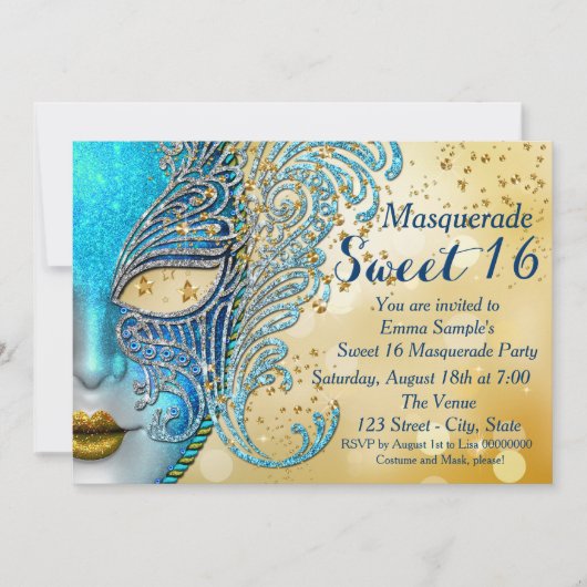 Invitation Turquoise Blue et Gold Sweet 16 Masquerade Party (Devant)