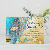 Invitation Turquoise Blue et Gold Sweet 16 Masquerade Party (Debout devant)