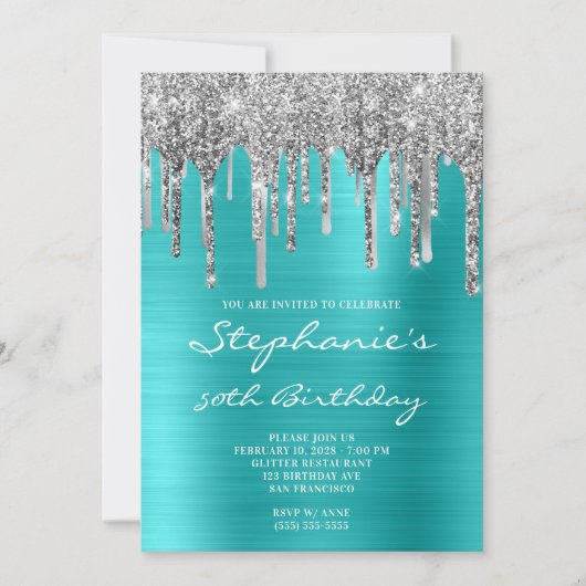 Invitation Turquoise Blue et Silver Drip 50e anniversaire (Devant)
