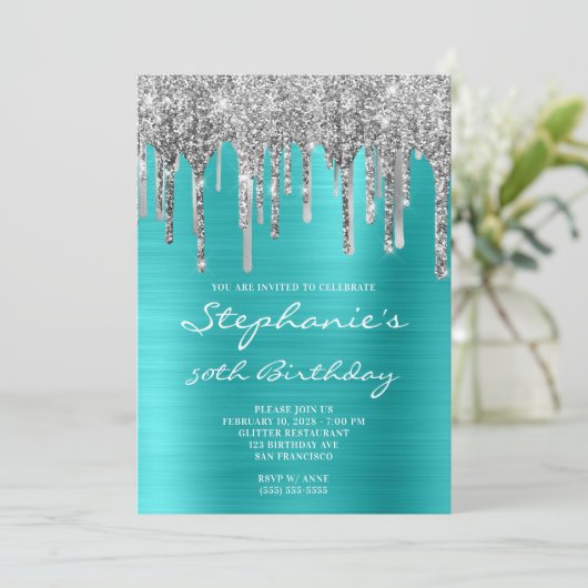 Invitation Turquoise Blue et Silver Drip 50e anniversaire (Debout devant)