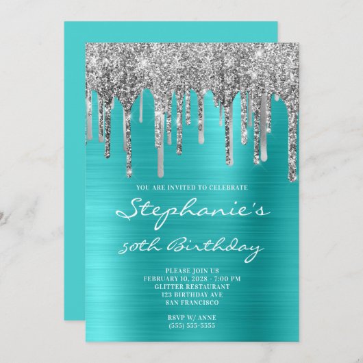 Invitation Turquoise Blue et Silver Drip 50e anniversaire (Devant / Derrière)