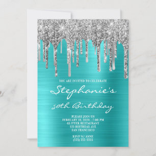 Invitation Turquoise Blue et Silver Drip 50e anniversaire