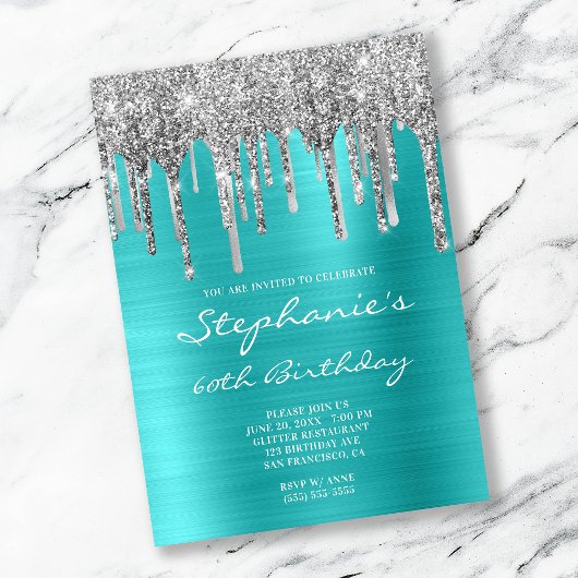 Invitation Turquoise Blue et Silver Drip 60e anniversaire
