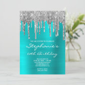 Invitation Turquoise Blue et Silver Drip 60e anniversaire (Debout devant)