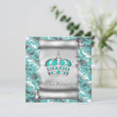 Invitation Turquoise Blue et Silver Prince Boy Baby shower (Debout devant)