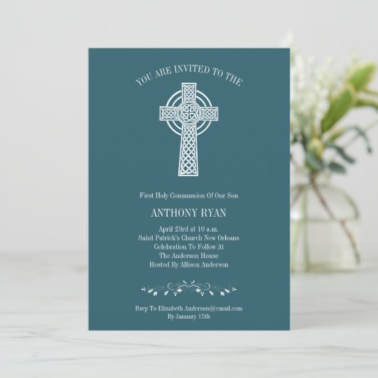 Invitation turquoise Blue First Communion (Debout devant)
