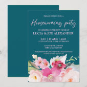 Invitation Turquoise Blue Floral Houseécher (Devant / Derrière)