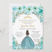 Invitation Turquoise Blue Floral Princess Crown Quinceañera (Devant)