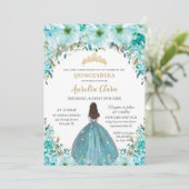 Invitation Turquoise Blue Floral Princess Crown Quinceañera (Debout devant)