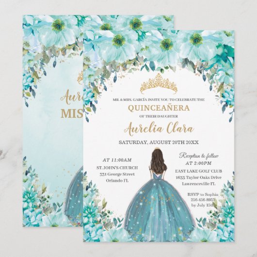 Invitation Turquoise Blue Floral Princess Crown Quinceañera (Devant / Derrière)