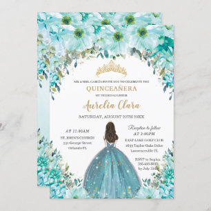 Invitation Turquoise Blue Floral Princess Crown Quinceañera
