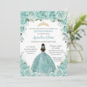Invitation Turquoise Blue Floral Princess Gold Quinceañera (Debout devant)