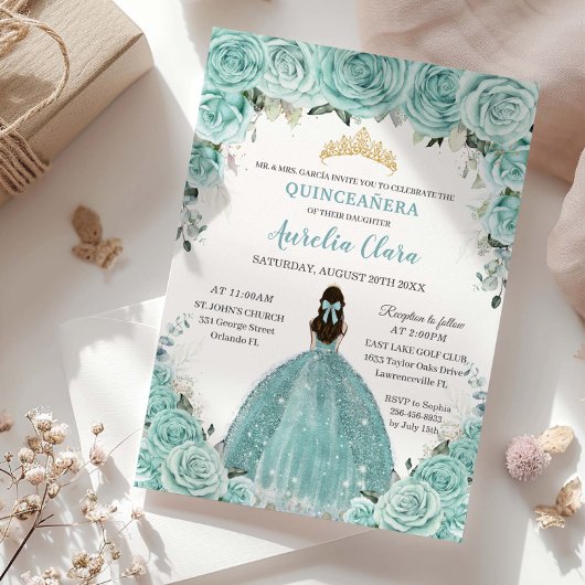 Invitation Turquoise Blue Floral Princess Gold Quinceañera