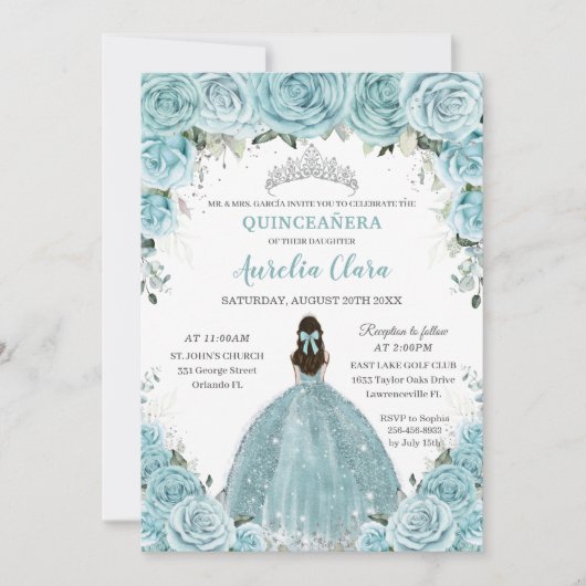 Invitation Turquoise Blue Floral Princesse Silver Quinceañera (Devant)