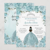 Invitation Turquoise Blue Floral Princesse Silver Quinceañera (Devant / Derrière)