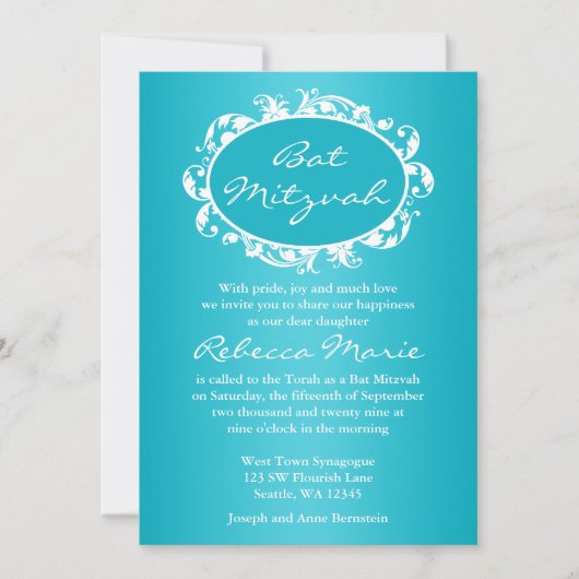 Invitation Turquoise Blue Flourd Bat mitzvah de cadre (Devant)