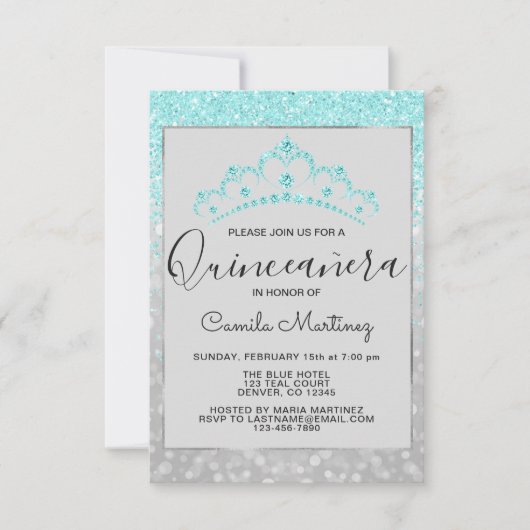 Invitation Turquoise Blue Girl Parties scintillant étincelant (Devant)