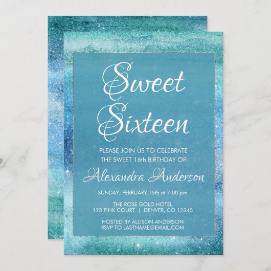 Invitation Turquoise Blue Girly Parties scintillant étincelan (Devant / Derrière)