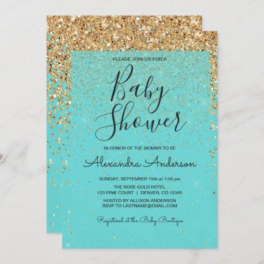 Invitation Turquoise Blue Girly Parties scintillant Sparkle B (Devant / Derrière)