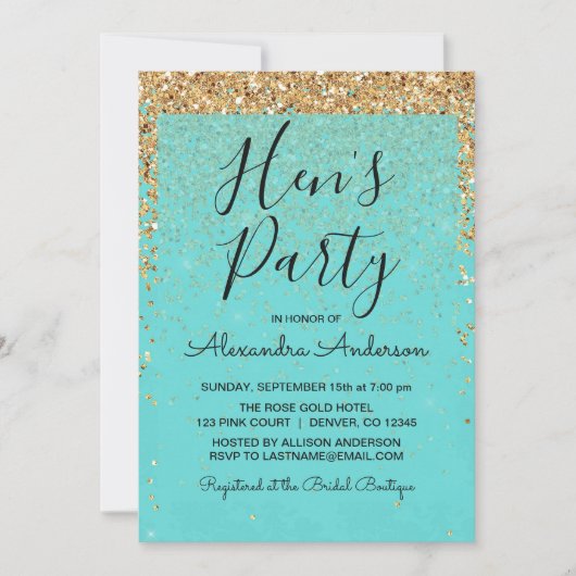 Invitation Turquoise Blue Girly Parties scintillant Sparkle H (Devant)