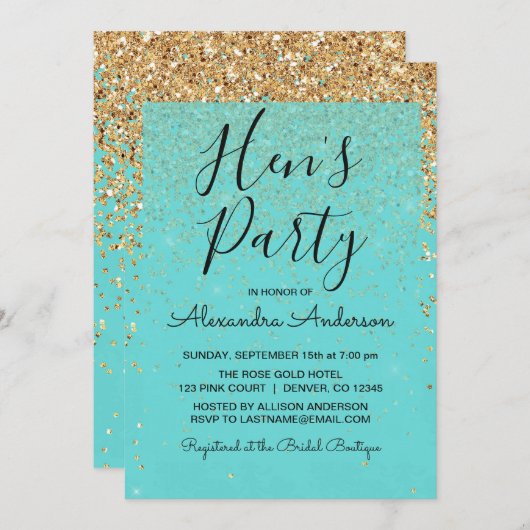 Invitation Turquoise Blue Girly Parties scintillant Sparkle H (Devant / Derrière)