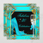 Invitation Turquoise Blue Gold 30th High Heels fête d'anniver (Devant / Derrière)