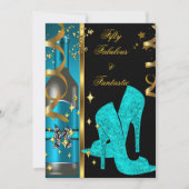 Invitation Turquoise Blue Gold 50 & Fabulous Fantastic Birthd (Devant)