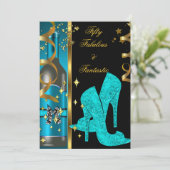 Invitation Turquoise Blue Gold 50 & Fabulous Fantastic Birthd (Debout devant)