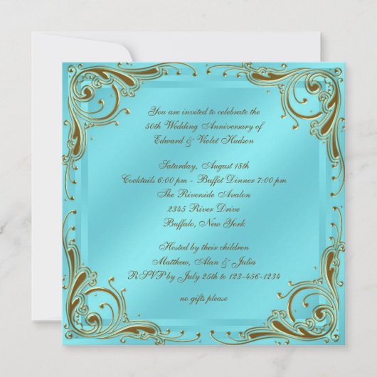 Invitation Turquoise Blue Gold 50e fête d'anniversaire Mariag (Devant)