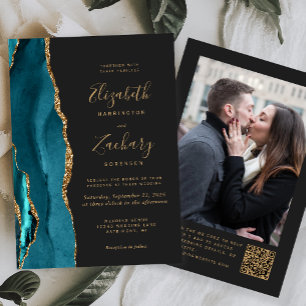 Invitation Turquoise Blue Gold Agate Dark Photo QR Code Maria