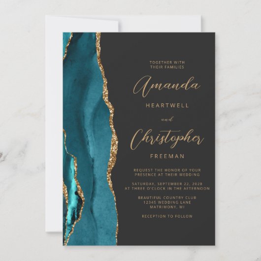 Invitation Turquoise Blue Gold Agate Dark QR Code Mariage (Devant)