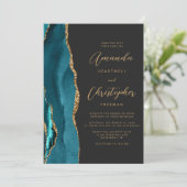 Invitation Turquoise Blue Gold Agate Dark QR Code Mariage (Debout devant)