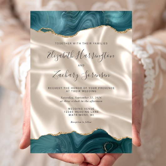 Invitation Turquoise Blue Gold Agate Mariage en soie ivoire