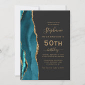 Invitation Turquoise Blue Gold Agate QR Code 50e anniversaire (Devant)
