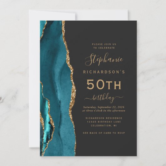 Invitation Turquoise Blue Gold Agate QR Code 50e anniversaire (Devant)