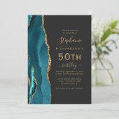 Invitation Turquoise Blue Gold Agate QR Code 50e anniversaire (Debout devant)