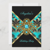 Invitation Turquoise Blue Gold Black Damask Floral Anniversai (Devant)