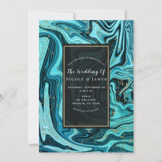 Invitation Turquoise Blue & Gold Chic Swirl Mariage moderne (Devant)