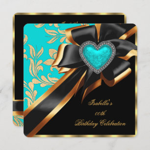 Invitation Turquoise Blue Gold Coeur Bow Noir fête d'annivers