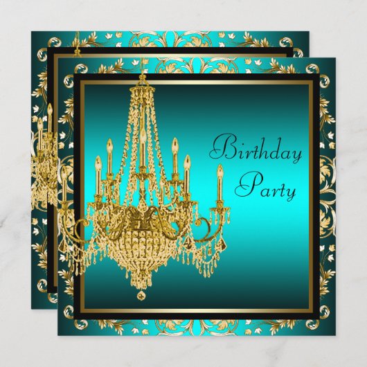 Invitation Turquoise Blue Gold Damask Chandelier fête d'anniv (Devant / Derrière)