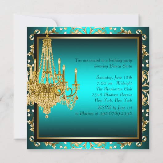 Invitation Turquoise Blue Gold Damask Chandelier fête d'anniv (Dos)